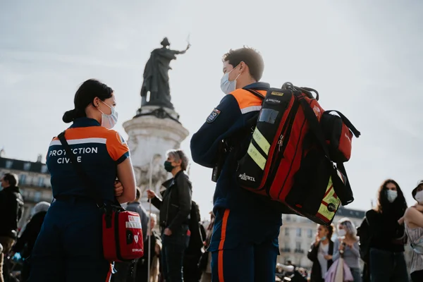 rescue workers providing humanitarian relief